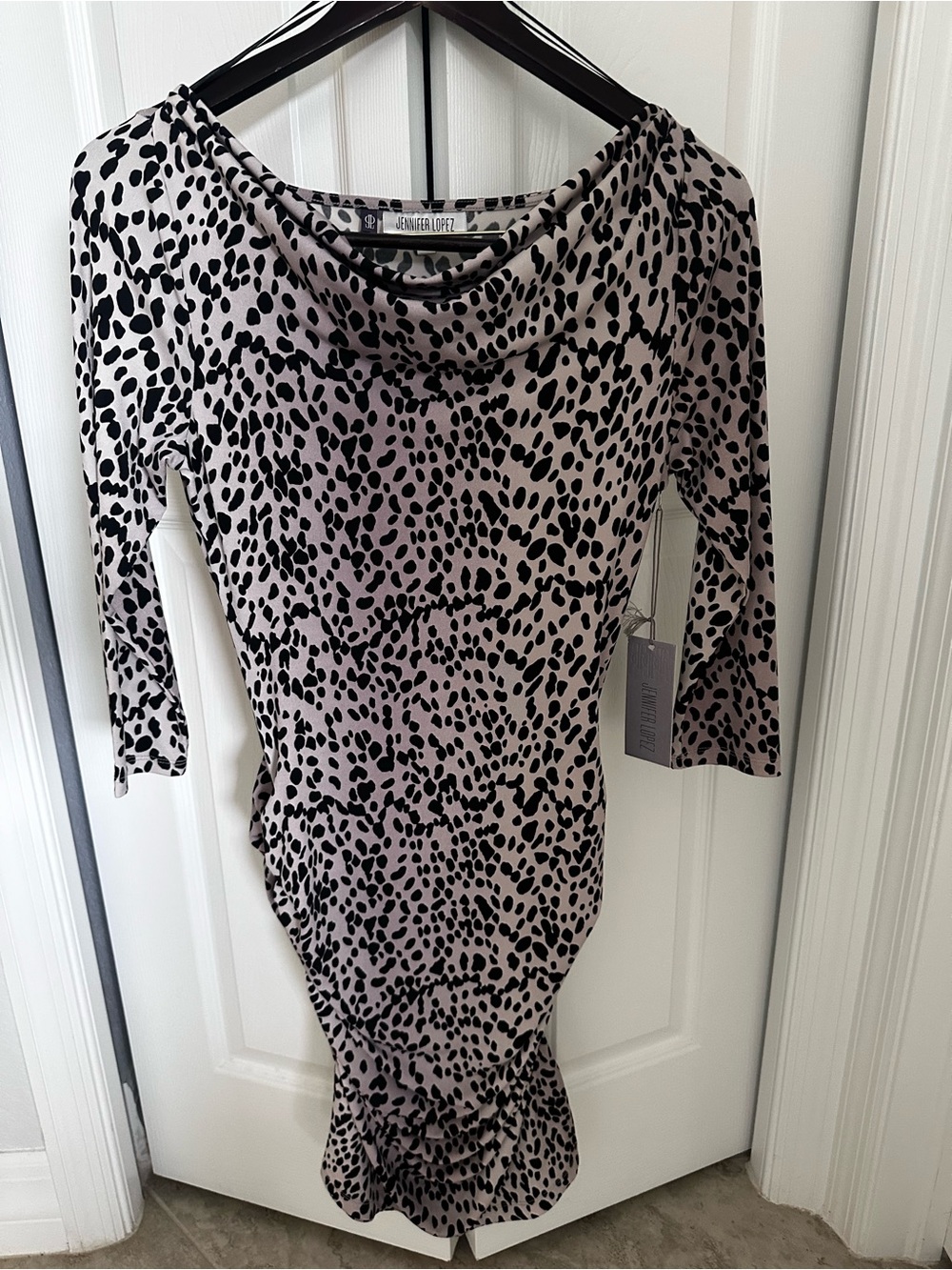 Jennifer Lopez Taupe and Black Animal Print Cowl Neck Midi Dress